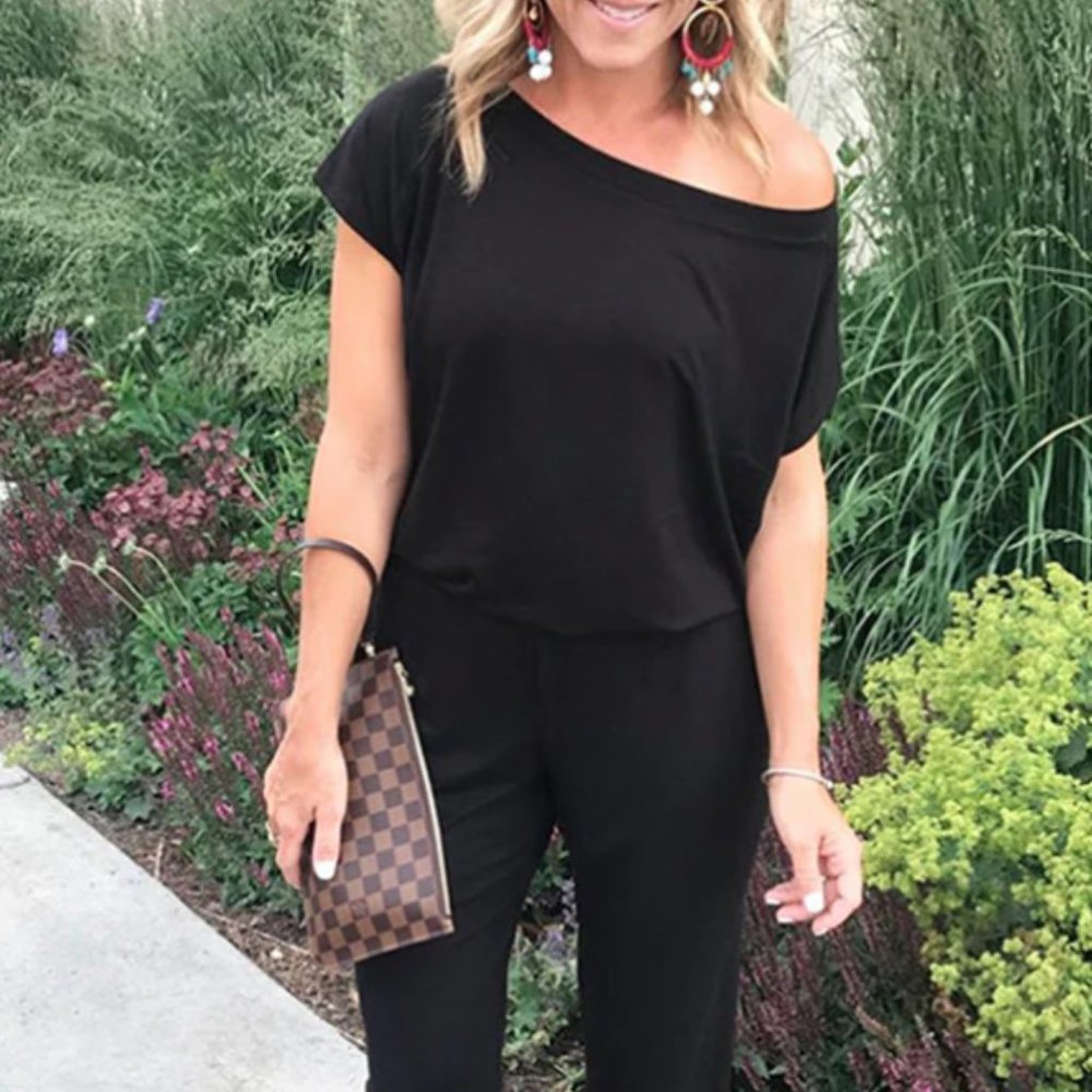 Solid Color Oblique Collar Jumpsuit